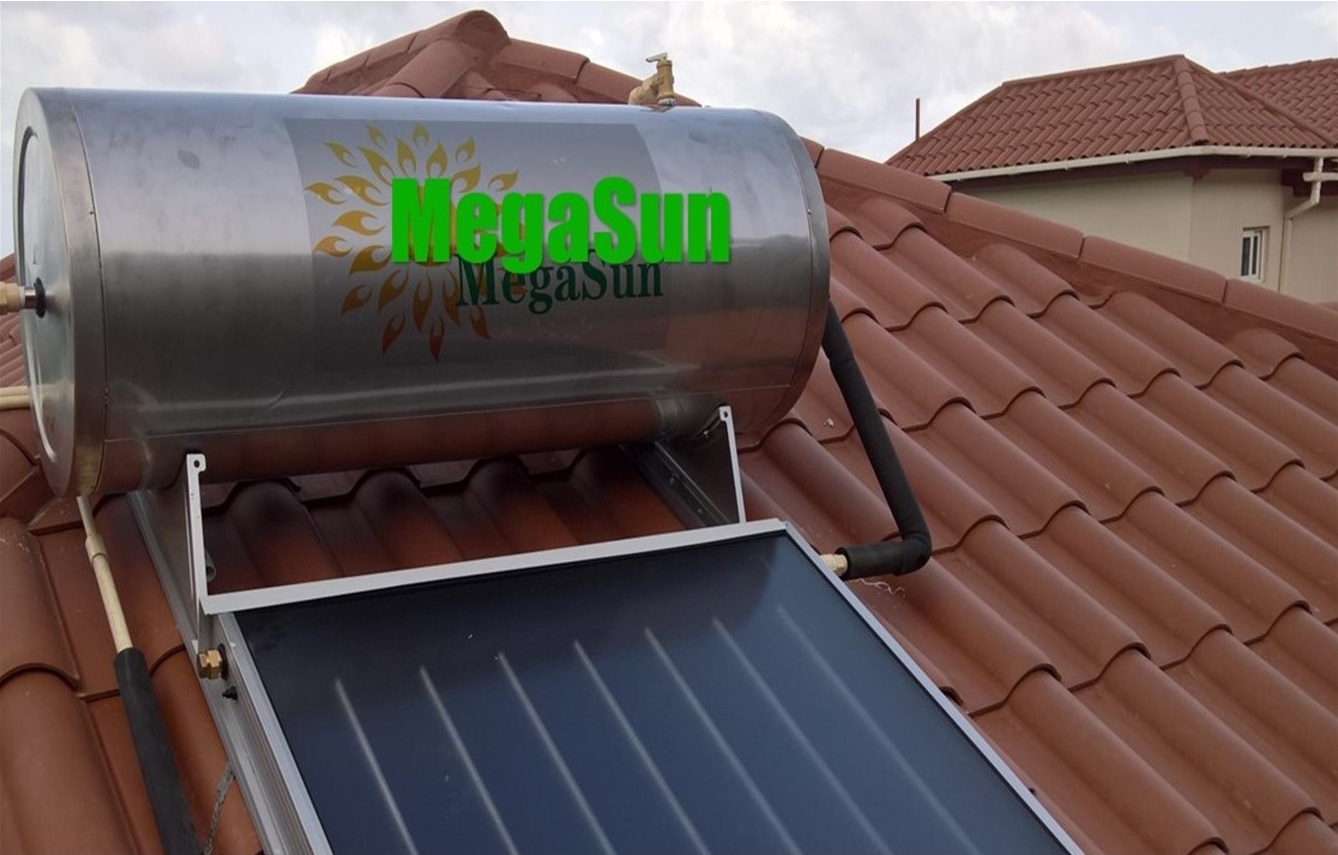 Mega Sun evacuated tube solar water heater system installed on roof in St. Lucia