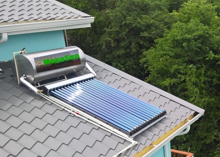 Evacuated tube solar water heater system showing high-efficiency vacuum tube technology for Caribbean climate